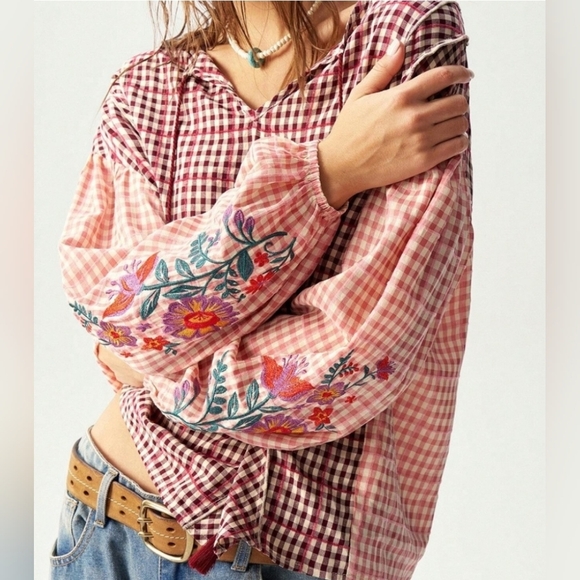 Boho Floral Embroidered Plaid Print Neck Tie Loose Fit Blouse - Picture 1 of 8
